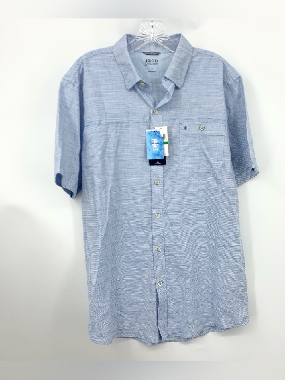 IZOD Saltwater Men Size Large Shirt Blue Stripe Short Sleeve Button Down Top